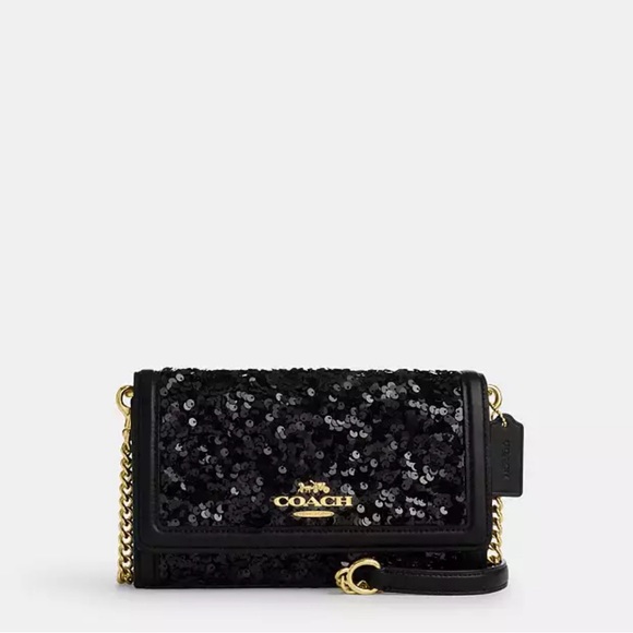 Coach Handbags - NWT Coach Black Sequin Flap Clutch Crossbody